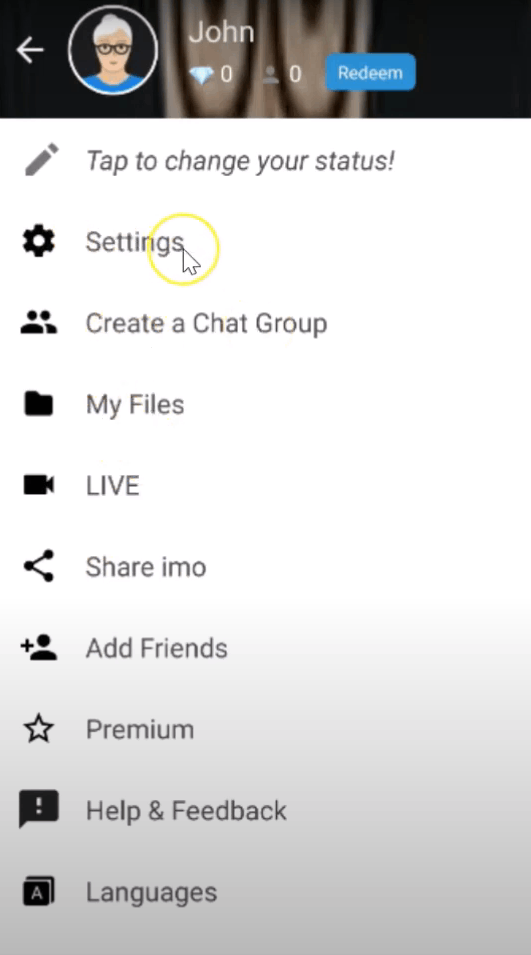 click Settings in imo app
