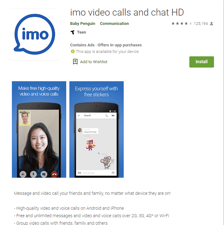 tap Install to download imo app on Android device